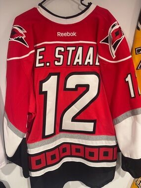 Reebok Red, White & Black E. Staal Hockey Jersey #12